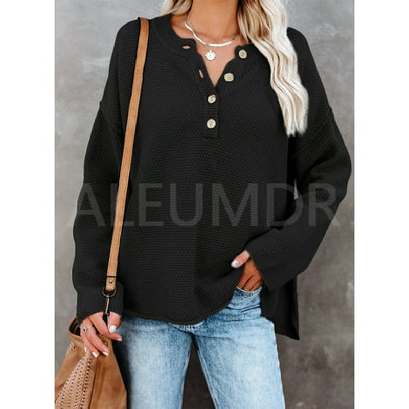 Womens Black Sweaters Button V Neck Long Sleeve Waffle Knit Pullover Tops 4 6