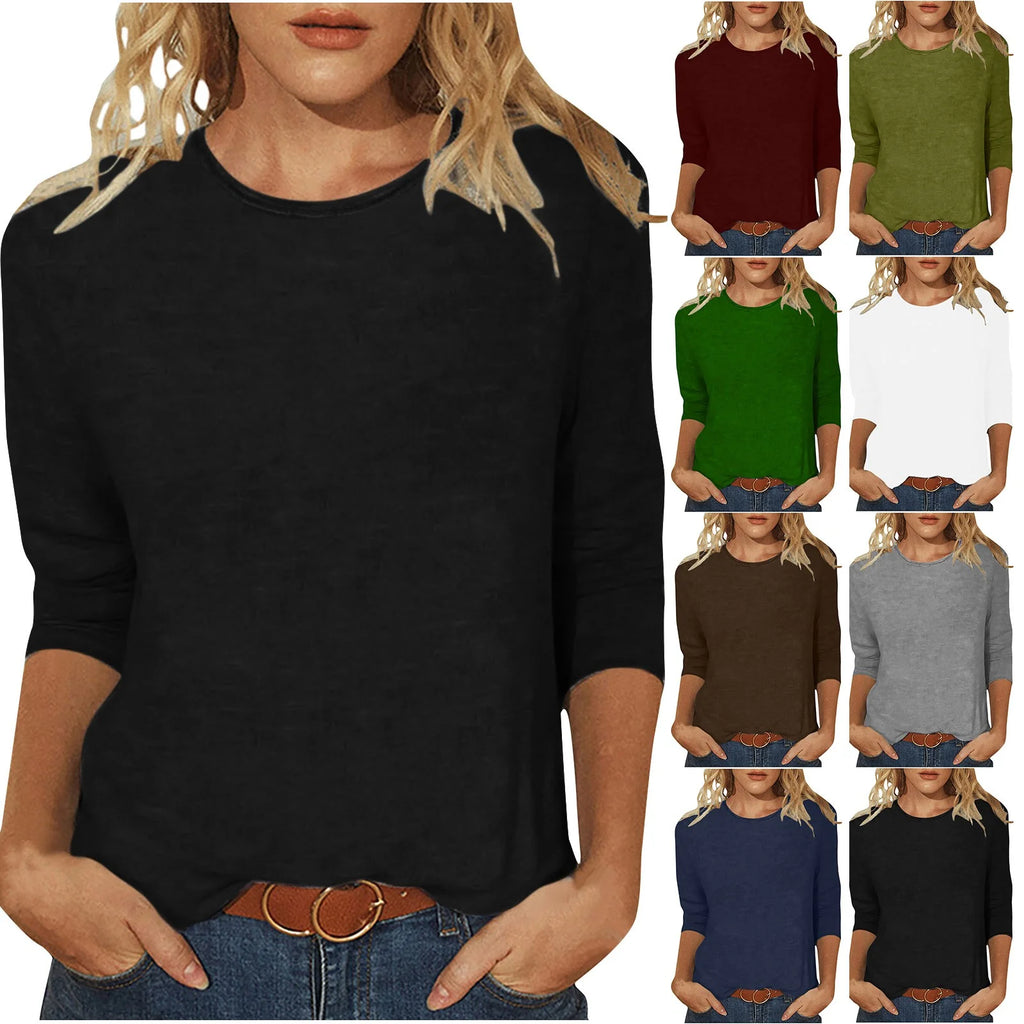 plus Size Womens Casual 3/4 Sleeve T-Shirts Soft Comft Crew Neck Tunic Tops Solid Color Basic Shirts Summer Slim Fit Workout Blouses