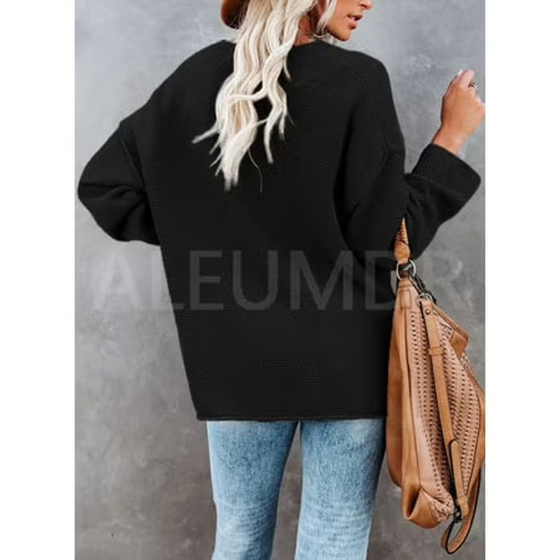 Womens Black Sweaters Button V Neck Long Sleeve Waffle Knit Pullover Tops 4 6