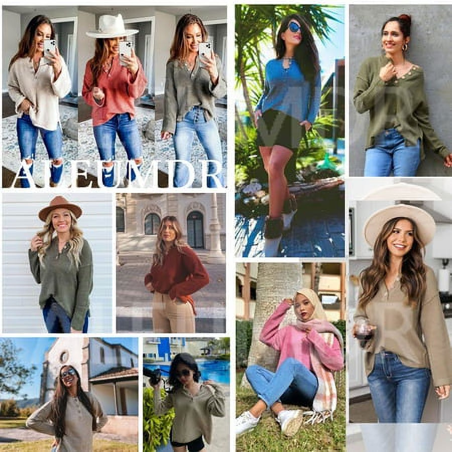 Womens Black Sweaters Button V Neck Long Sleeve Waffle Knit Pullover Tops 4 6