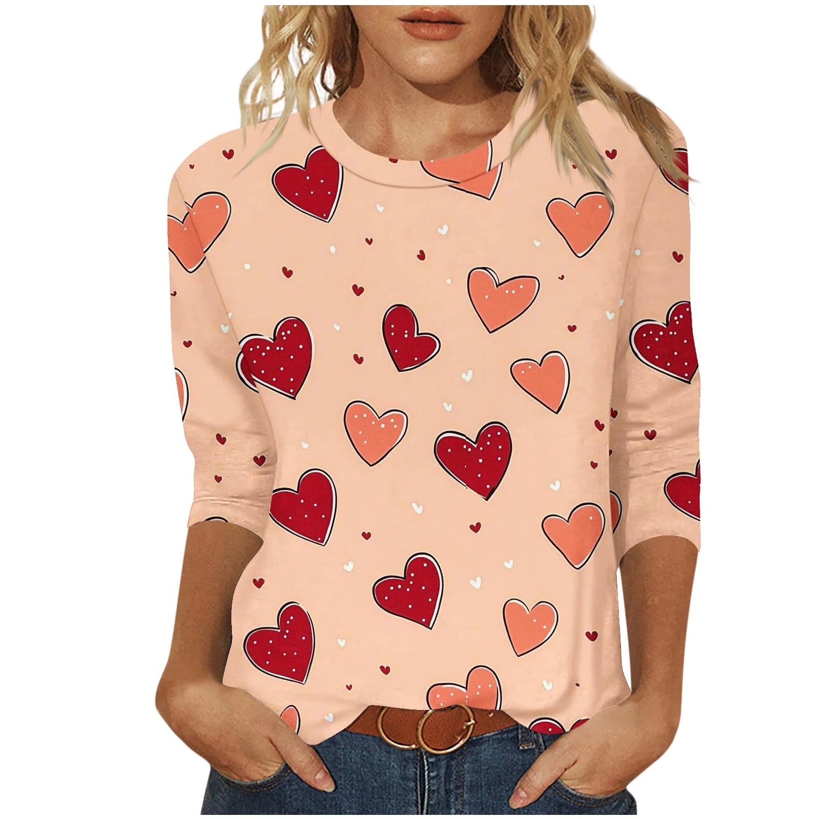 Valentines Day plus Size Womens Clothing Romance 3/4 Sleeve T-Shirts Casual Crew Neck Heart Print Gift for Girlfriend Tops
