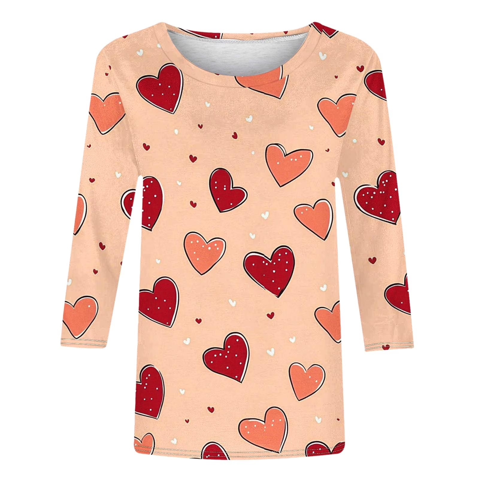 Valentines Day plus Size Womens Clothing Romance 3/4 Sleeve T-Shirts Casual Crew Neck Heart Print Gift for Girlfriend Tops