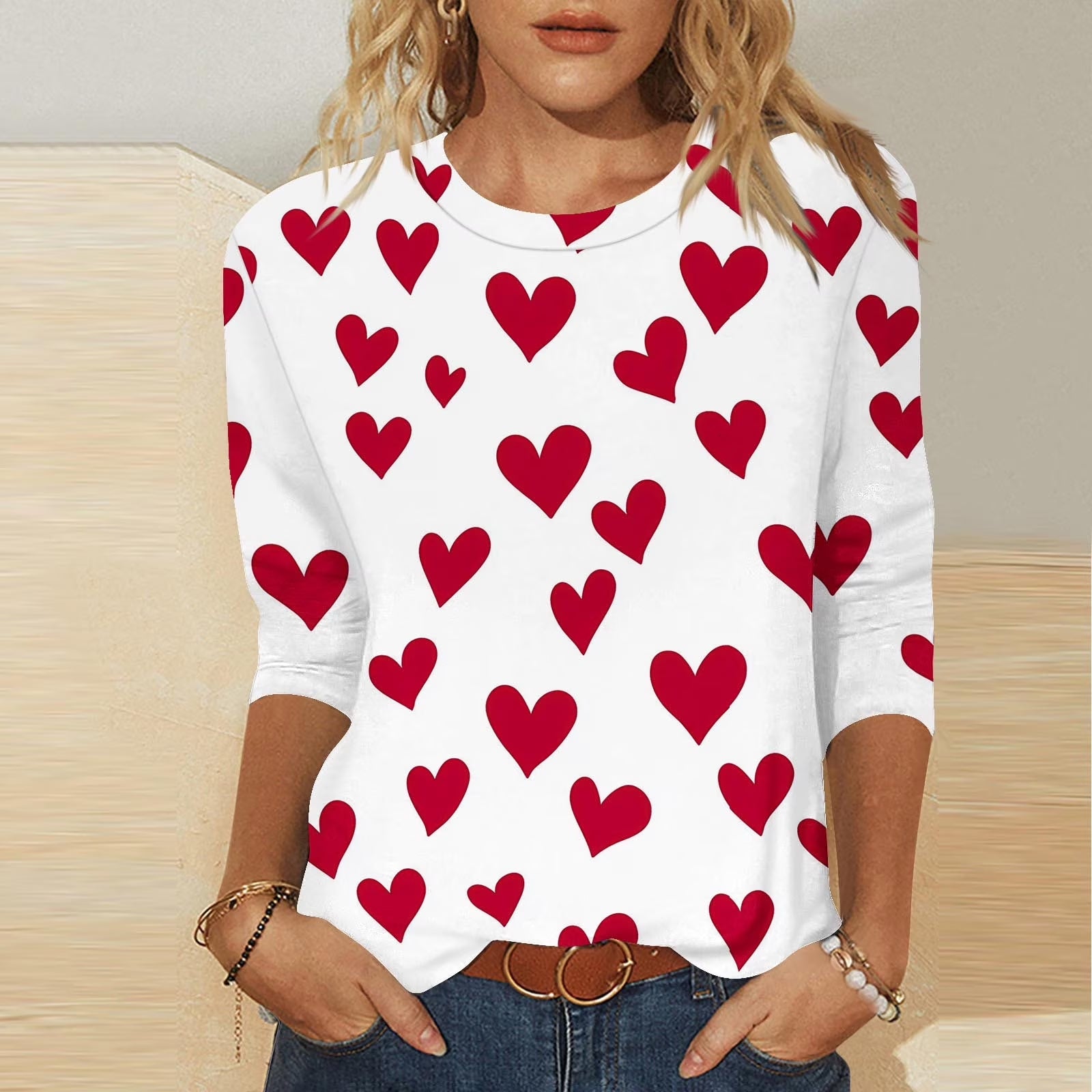 Valentine'S Day Tops Romance 3/4 Sleeve Shirts Casual Crew Neck Heart Print Gift for Wife Tops