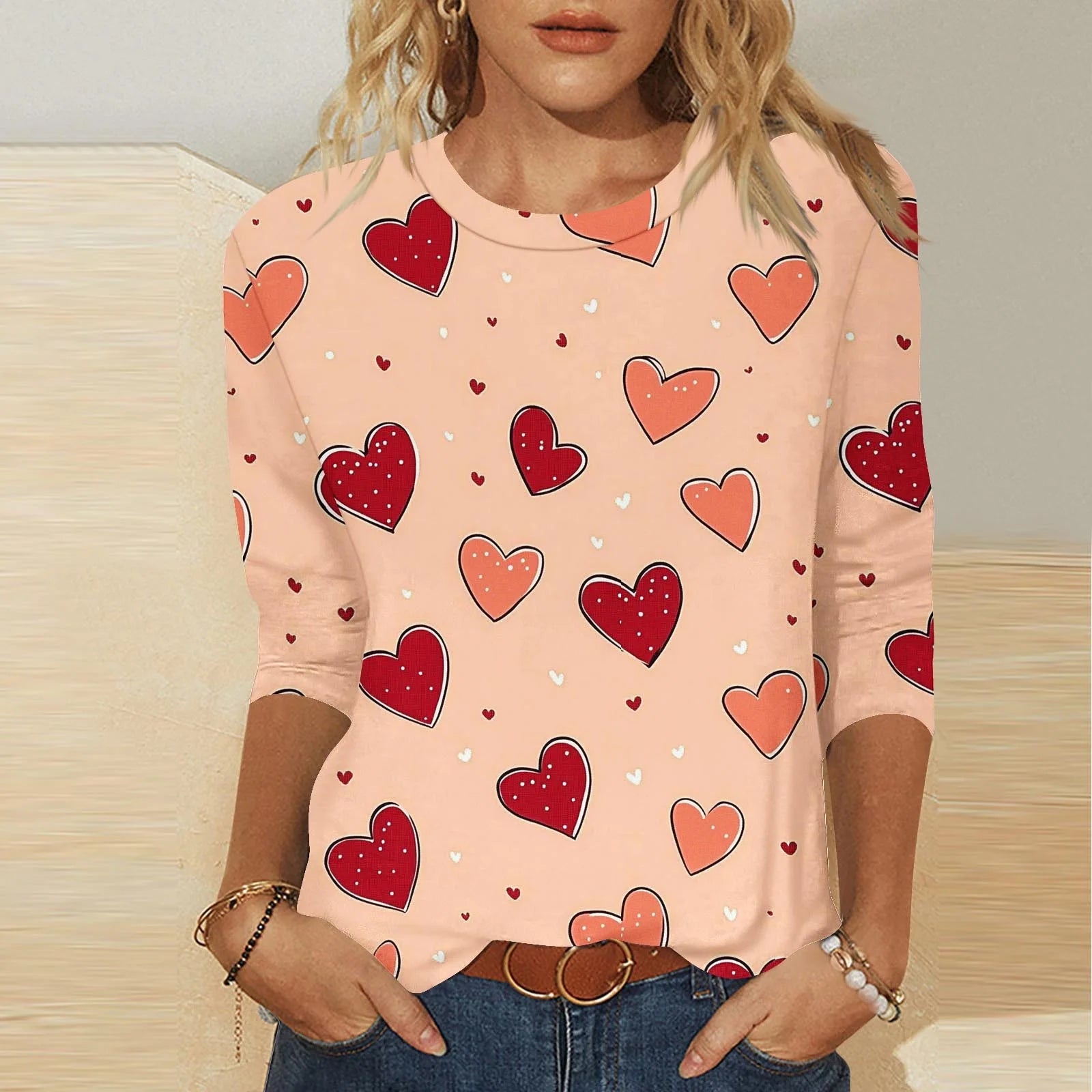 Valentines Day plus Size Womens Clothing Romance 3/4 Sleeve T-Shirts Casual Crew Neck Heart Print Gift for Girlfriend Tops
