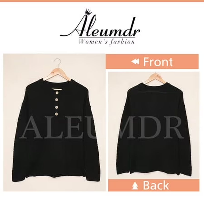 Womens Black Sweaters Button V Neck Long Sleeve Waffle Knit Pullover Tops 4 6