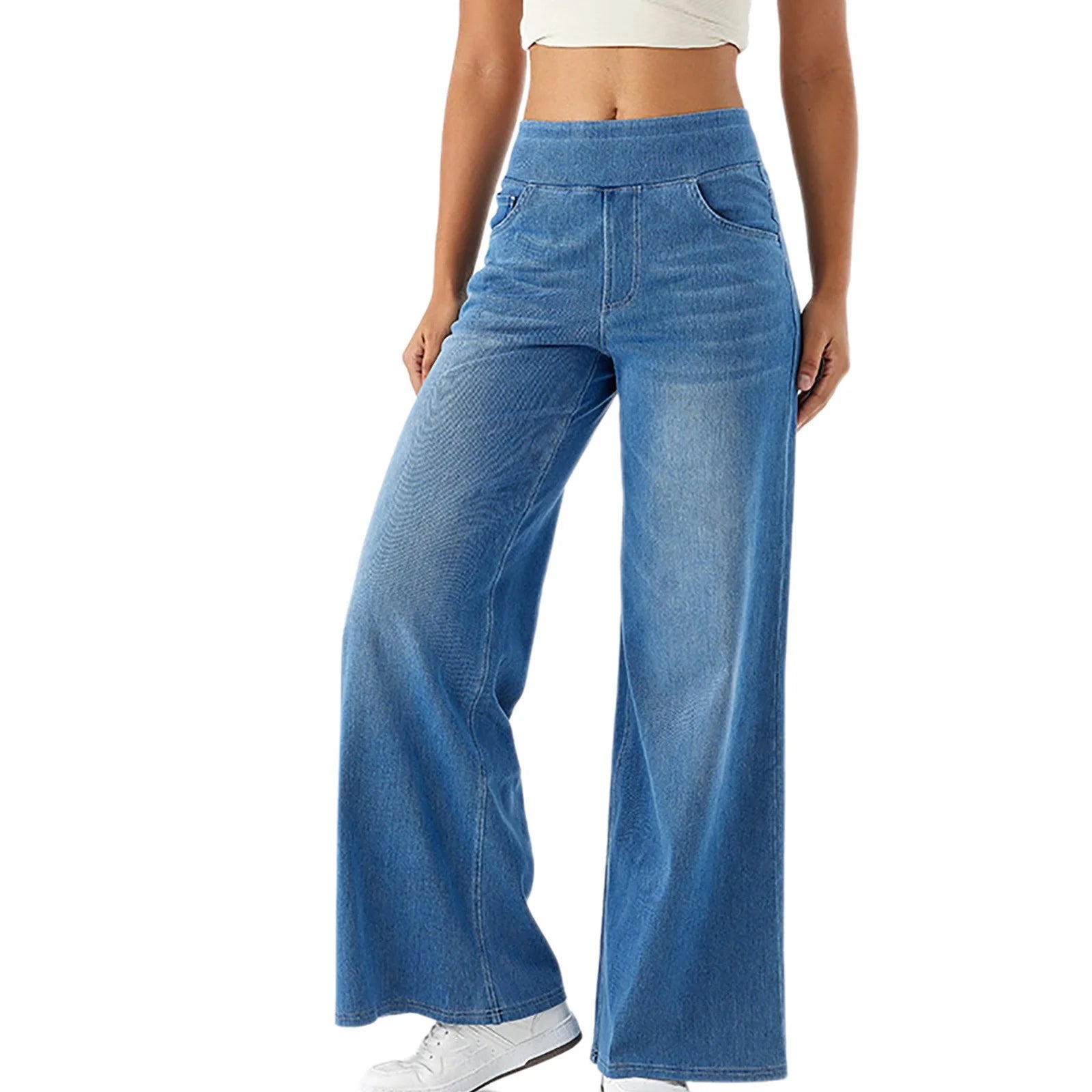 Women'S Fashion Jeans High Waisted Wide Leg Jeans Summer Casual Straight Baggy Jeans Color Block Patch Denim Trousers Sky Blue,L
