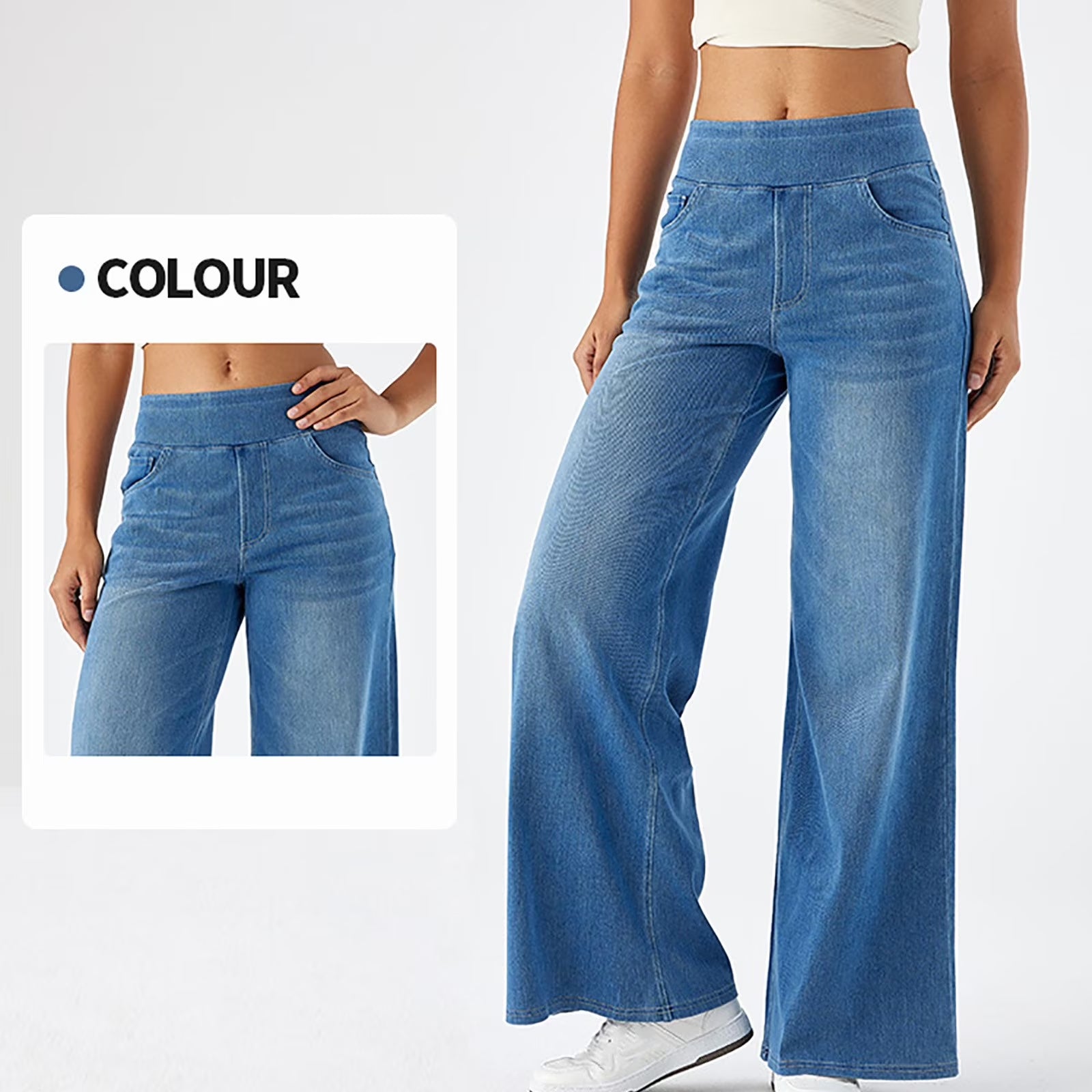 Women'S Fashion Jeans High Waisted Wide Leg Jeans Summer Casual Straight Baggy Jeans Color Block Patch Denim Trousers Sky Blue,L