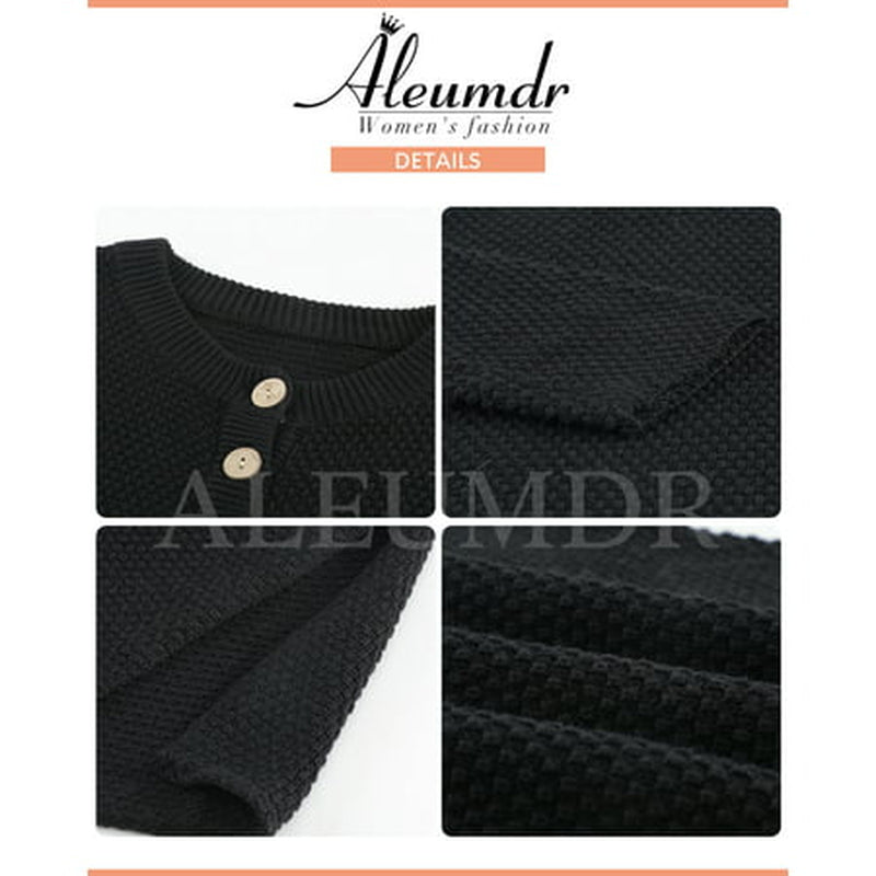 Womens Black Sweaters Button V Neck Long Sleeve Waffle Knit Pullover Tops 4 6