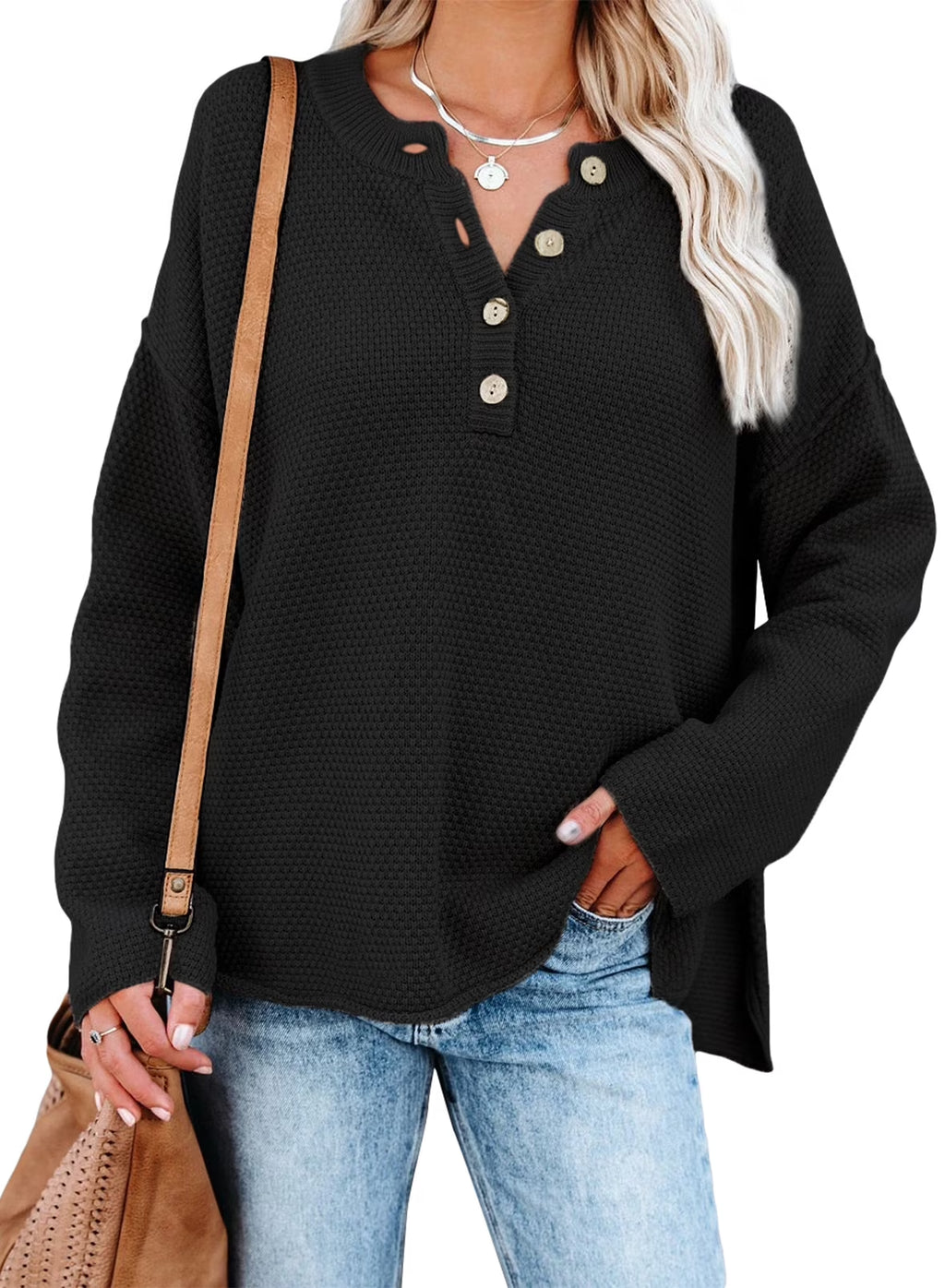 Womens Black Sweaters Button V Neck Long Sleeve Waffle Knit Pullover Tops 4 6