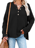 Womens Black Sweaters Button V Neck Long Sleeve Waffle Knit Pullover Tops 4 6
