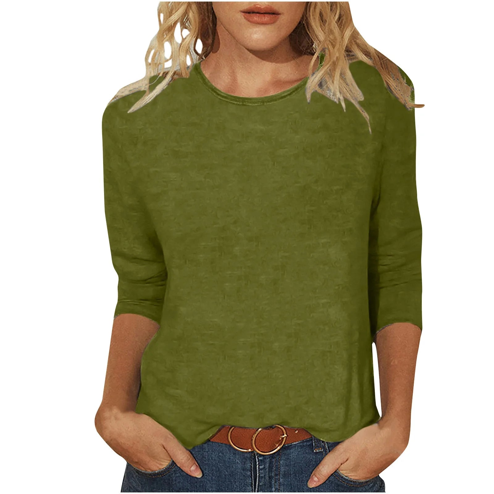 plus Size Womens Casual 3/4 Sleeve T-Shirts Soft Comft Crew Neck Tunic Tops Solid Color Basic Shirts Summer Slim Fit Workout Blouses