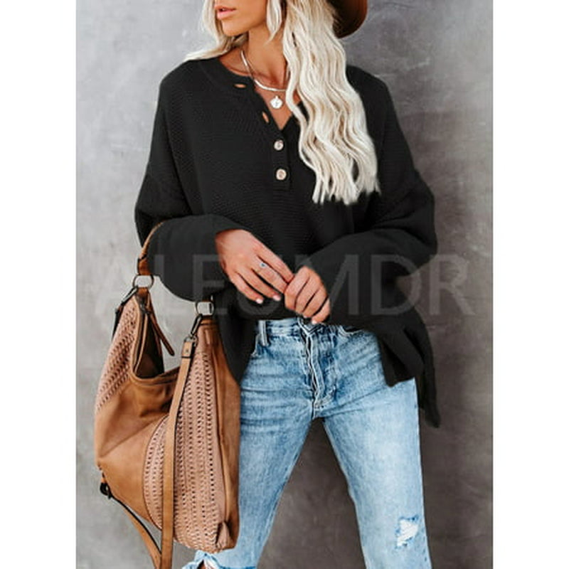 Womens Black Sweaters Button V Neck Long Sleeve Waffle Knit Pullover Tops 4 6